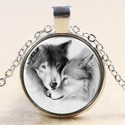 Wolf Pattern Flat Round Glass Pendant Necklaces US-NJEW-N0051-013S-02-1