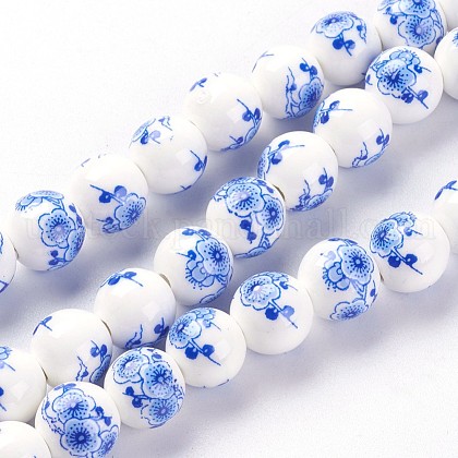 Handmade Flower Printed Porcelain Ceramic Beads Strands US-PORC-J006-A05-1