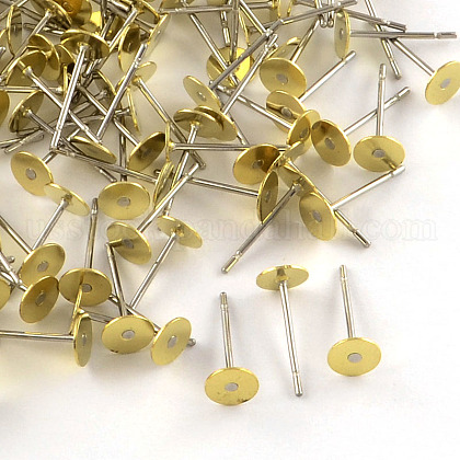 304 Stainless Steel Stud Earring Settings with Flat Round Brass Heads US-STAS-R073-08-1