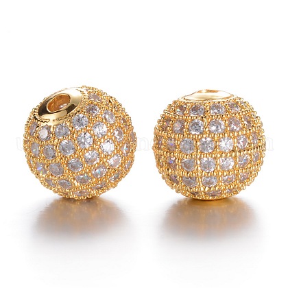 CZ Brass Micro Pave Grade AAA Clear Color Cubic Zirconia Round Beads US-KK-O065-10mm-05G-NR-1