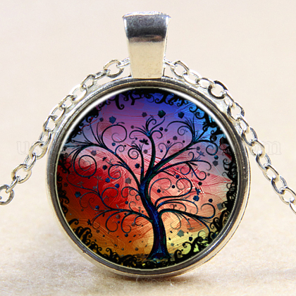 Tree Of Life Pattern Flat Round Glass Pendant Necklaces US-NJEW-N0051-048N-02-1