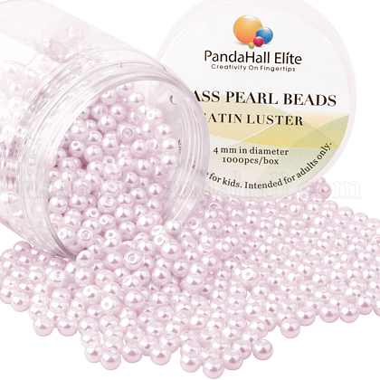 PandaHall Elite 4mm About 1000Pcs Glass Pearl Beads Pink Tiny Satin Luster Loose Round Beads in One Box for Jewelry Making US-HY-PH0002-02-B-1