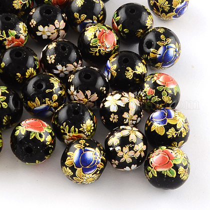 Mixed Flower Picture Printed Glass Round Beads US-GFB-R004-12mm-M21-1