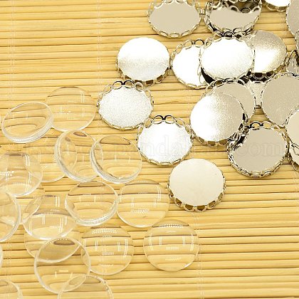 Brass Cabochon Settings and Flat Round Transparent Clear Glass Cabochons US-KK-X0003-P-RS-1