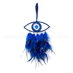 Handmade Evil Eye Woven Net/Web with Feather Wall Hanging Decoration US-HJEW-K035-05
