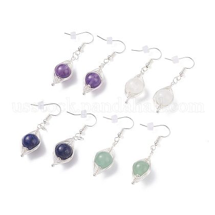 Round Natural Stone Braided Dangle Earrings US-EJEW-JE04844-1