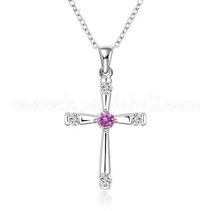 Silver Color Plated Brass Cubic Zirconia Cross Pendant Necklaces US-NJEW-BB09493-1
