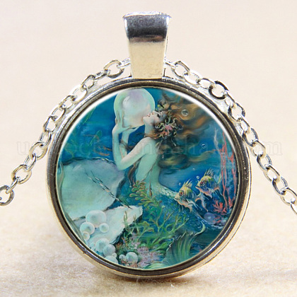 Mermaid Pattern Flat Round Glass Pendant Necklaces US-NJEW-N0051-001W-02-1