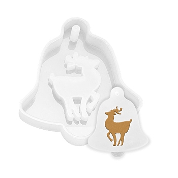 Christmas Theme DIY Pendant Silicone Molds, Resin Casting Molds, for UV Resin & Epoxy Resin Jewelry Making, Bell with Christmas Reindeer/Stag, White, 71x63x8mm, Hole: 2.5mm