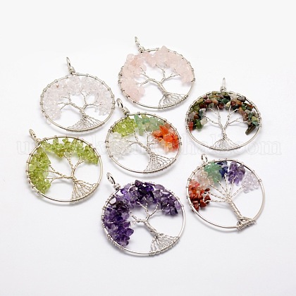 Tree of Life Natural & Synthetic Mixed Stone Bead Brass Wire Wrapped Big Pendants US-KK-L136-01-NR-1