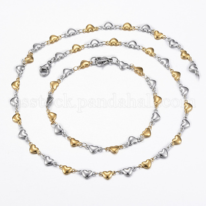 Two Tone 304 Stainless Steel Heart Link Chain Jewelry Sets US-SJEW-H103-12GP-1