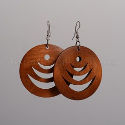 Flat Round Hollow Wood Dangle Earrings