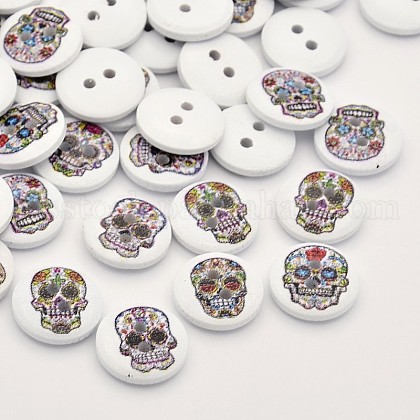Flat Round with Day of the Dead Sugar Skull Dyed 2-Hole Printed Wooden Buttons US-X-BUTT-P010-08A-1