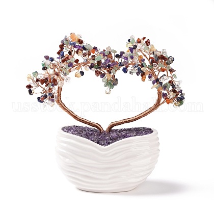 Natural Gemstone Heart Tree Ceramic Bonsai US-DJEW-G027-21RG-1