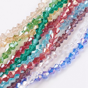 Glass Beads Strands, AB Color Plated, Faceted, Bicone, Mixed Color, 4x4mm, Hole: 1mm, about 92~96pcs/strand, 13.78~14.37 inch