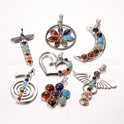 Mixed Styles Chakra Jewelry Zinc Alloy Bezel Gemstone Pendants US-G-M039-M-1