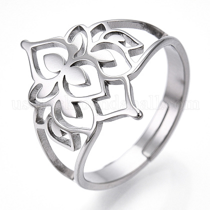 304 Stainless Steel Hollow Out Flower Adjustable Ring US-RJEW-T027-03P-1