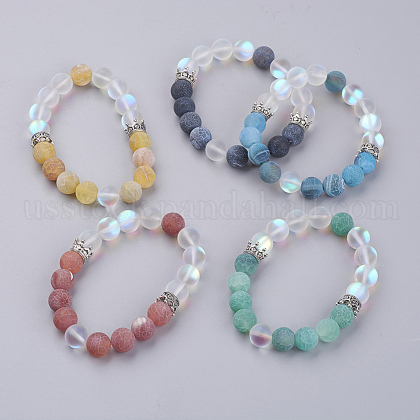 Natural Weathered Agate(Dyed) Beaded Stretch Bracelets US-BJEW-JB03556-1