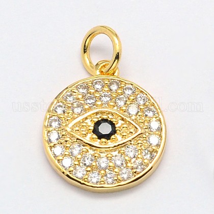 Flat Round with Evil Eye Brass Micro Pave Cubic Zirconia Charms US-ZIRC-F017-07G-1