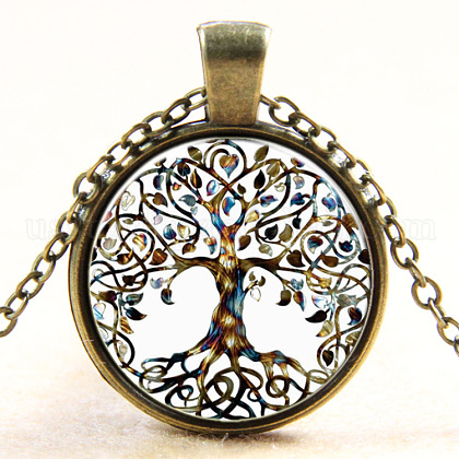 Tree Of Life Pattern Flat Round Glass Pendant Necklaces US-X-NJEW-N0051-048O-01-1