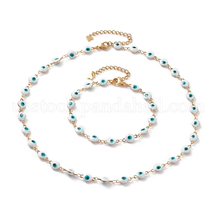 Evil Eye 304 Stainless Steel Enamel Link Chains Bracelets & Necklaces Jewelry Sets US-SJEW-JS01152-1
